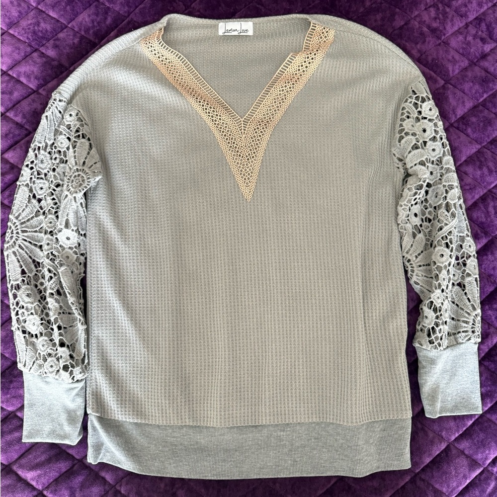 Gray Lace Sleeve Sweater